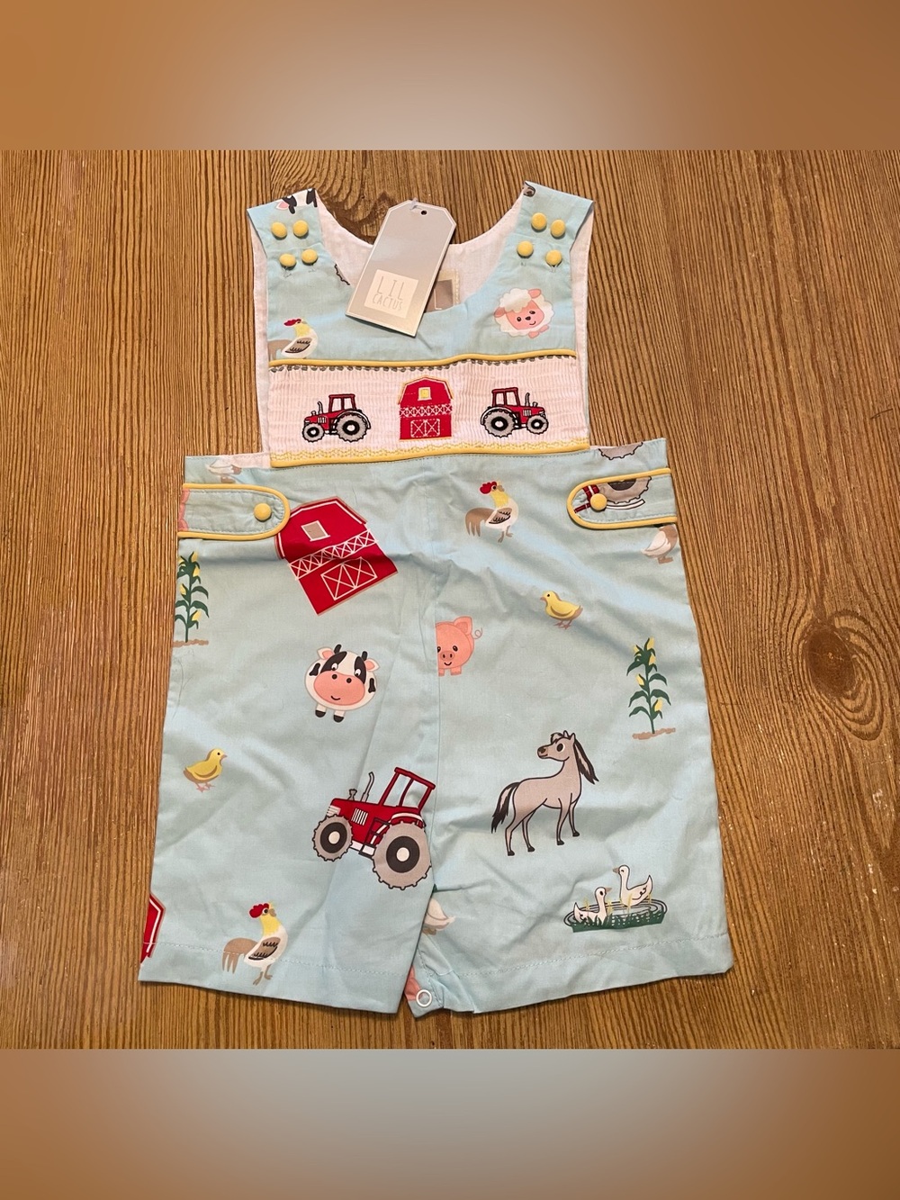 NWT Lil Cactus Farm Animal Smocked Jon Jon Romper Tractors